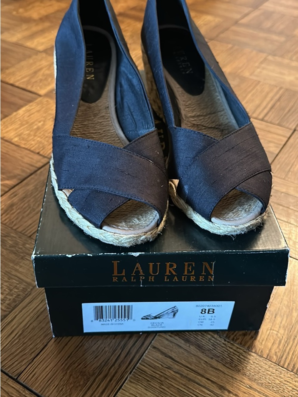 Lauren Ralph Lauren Black Crisscross Peep-Toe Espadrille Wedges